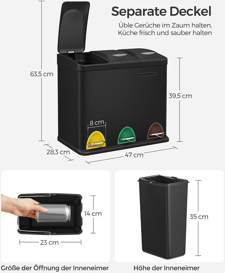 Koduva Perdirbimo šiukšliadėžė 24 l, 3 skyriai, plieninė, juoda, 46,5 x 29,5 x 40,5–65 cm