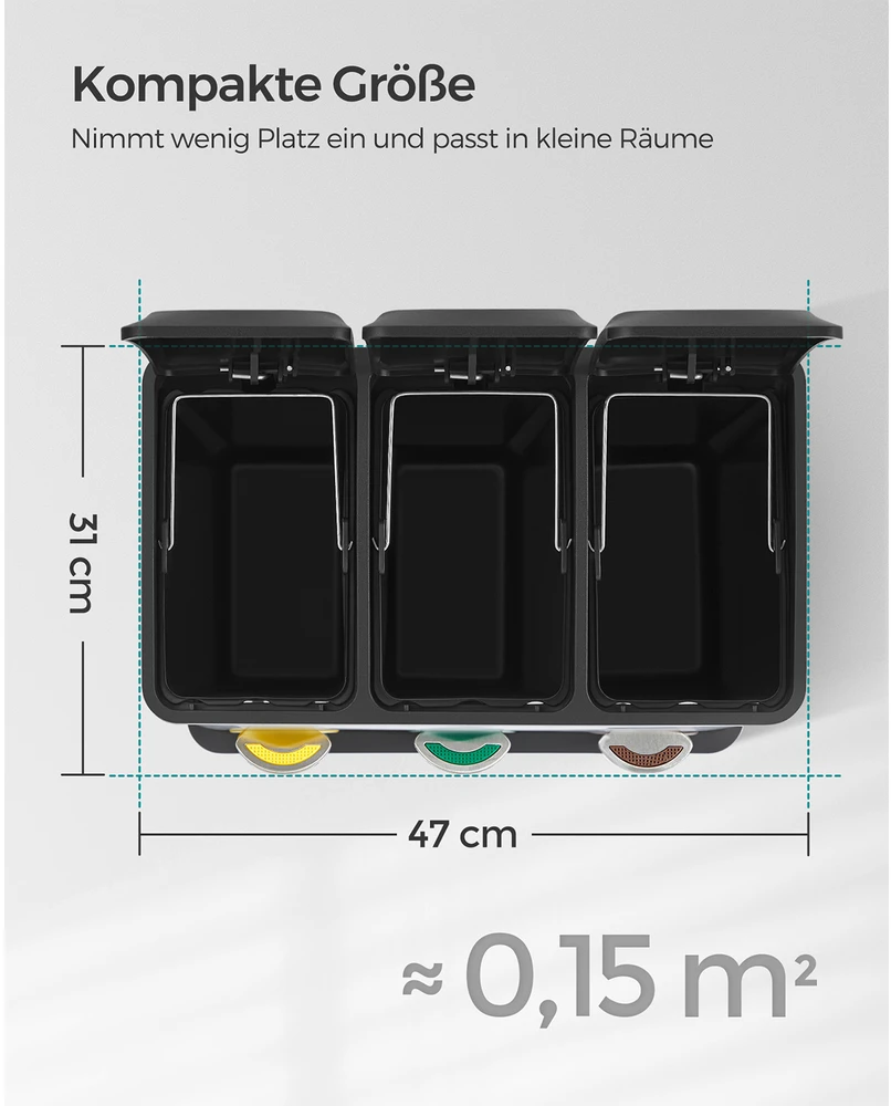 Koduva Perdirbimo šiukšliadėžė 24 l, 3 skyriai, plieninė, juoda, 46,5 x 29,5 x 40,5–65 cm