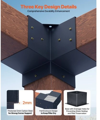Koduva Pergolos laikiklių rinkinys VEVOR, 8 vnt., 3 krypčių, 142 x 142 mm, anglinis plienas
