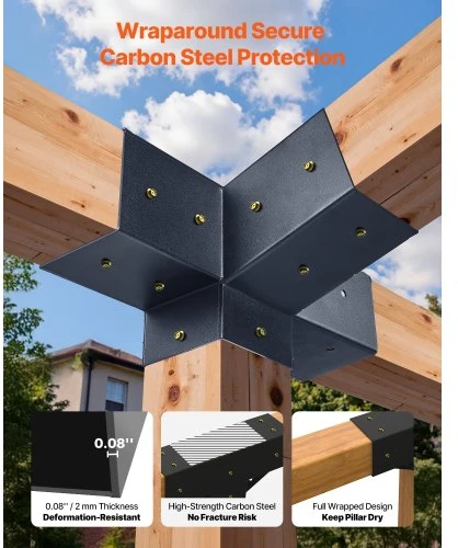 Koduva Pergolos laikiklių rinkinys VEVOR SSAE3, 3 vnt., 4 krypčių, 92 x 92 mm sijoms, anglinis plienas
