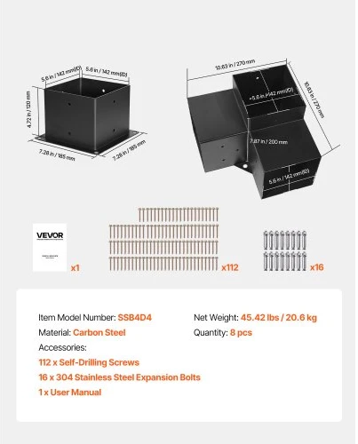 Koduva Pergolos laikiklių rinkinys VEVOR, 8 vnt., 3 krypčių, 142 x 142 mm, anglinis plienas