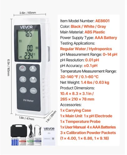VEVOR PH matuoklis AE8601, 0-14 pH, su temperatūros zondu, ABS plastikas
