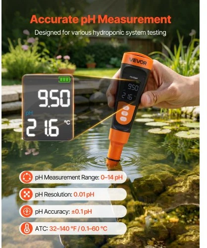 Koduva pH matuoklis VEVOR PH06, 0-14 pH, oranžinis / juodas, 19 x 4 x 4 cm