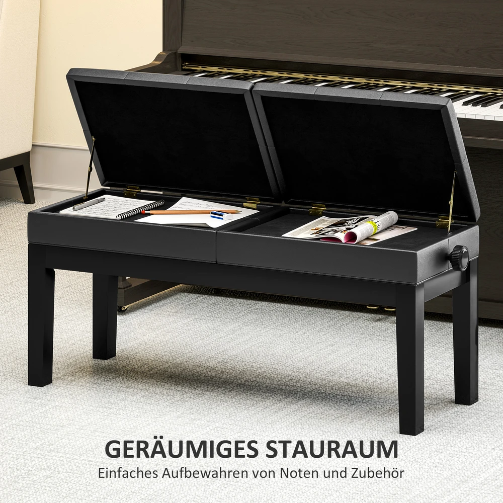 Aosom Pianino suolelis, dirbtinė oda, juodas, reguliuojamas 48-58 cm, dviguba sėdynė, daiktadėžė