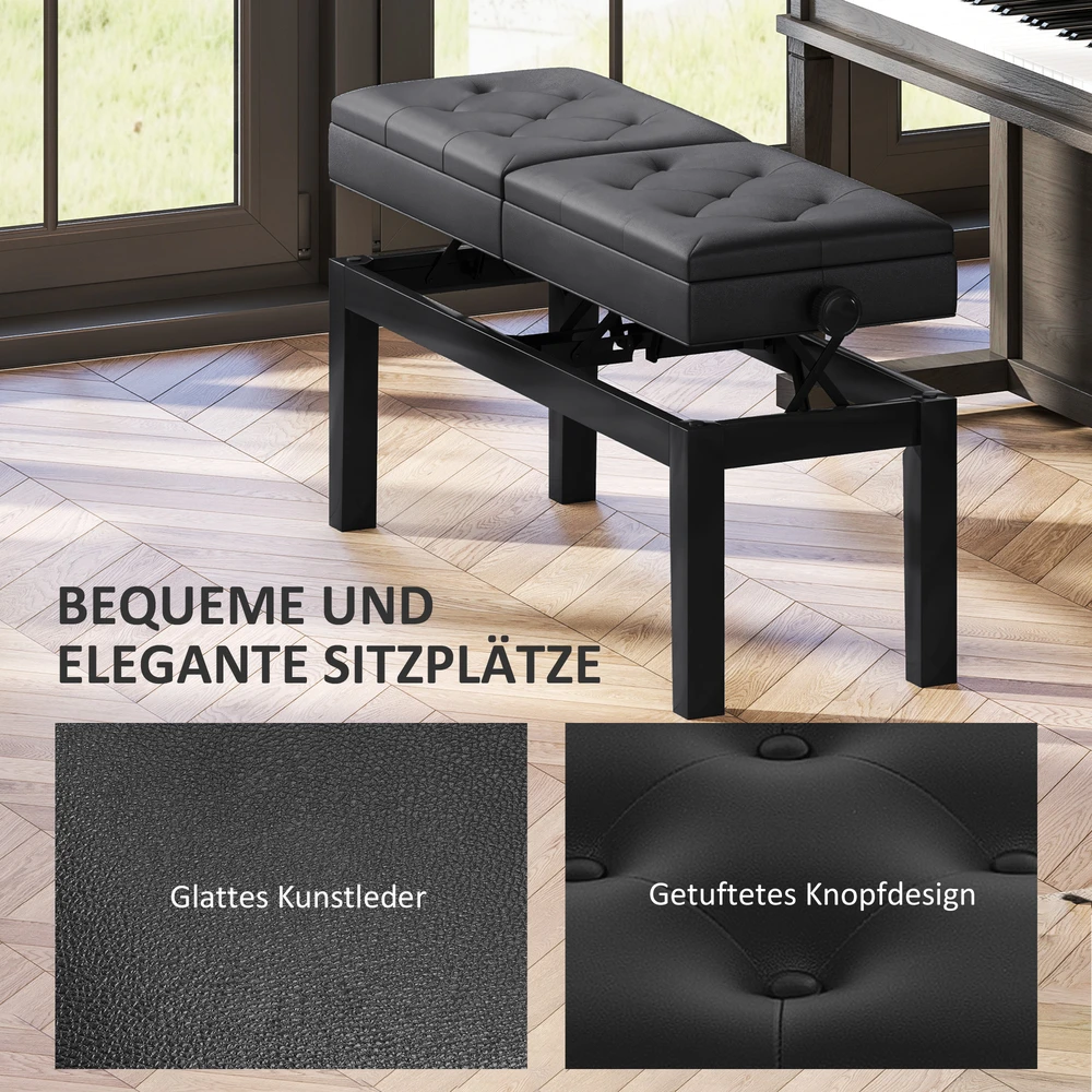 Aosom Pianino suolelis, dirbtinė oda, juodas, reguliuojamas 48-58 cm, dviguba sėdynė, daiktadėžė
