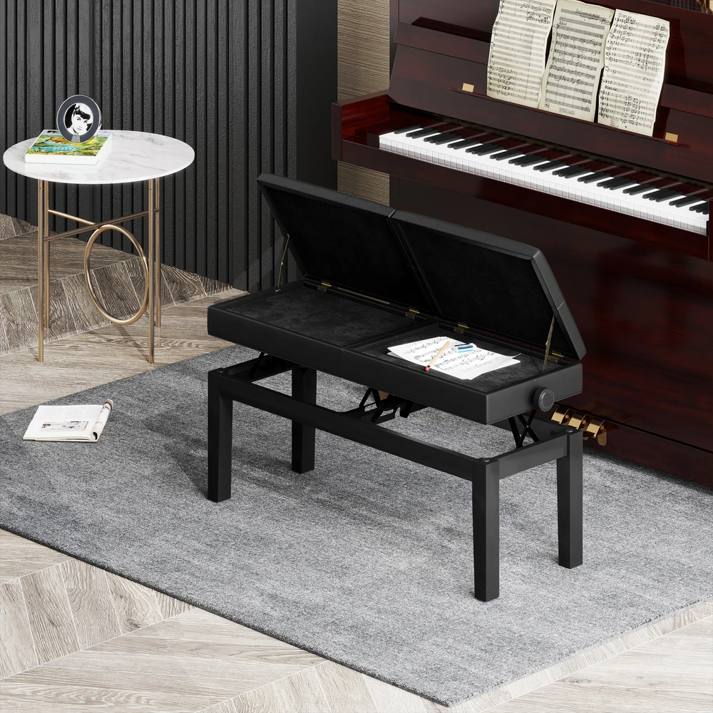 Aosom Pianino suolelis, dirbtinė oda, juodas, reguliuojamas 48-58 cm, dviguba sėdynė, daiktadėžė