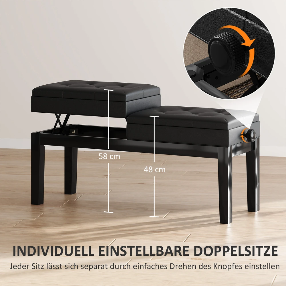 Aosom Pianino suolelis, dirbtinė oda, juodas, reguliuojamas 48-58 cm, dviguba sėdynė, daiktadėžė