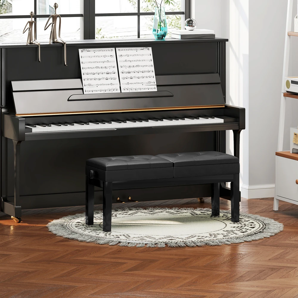 Aosom Pianino suolelis, dirbtinė oda, juodas, reguliuojamas 48-58 cm, dviguba sėdynė, daiktadėžė