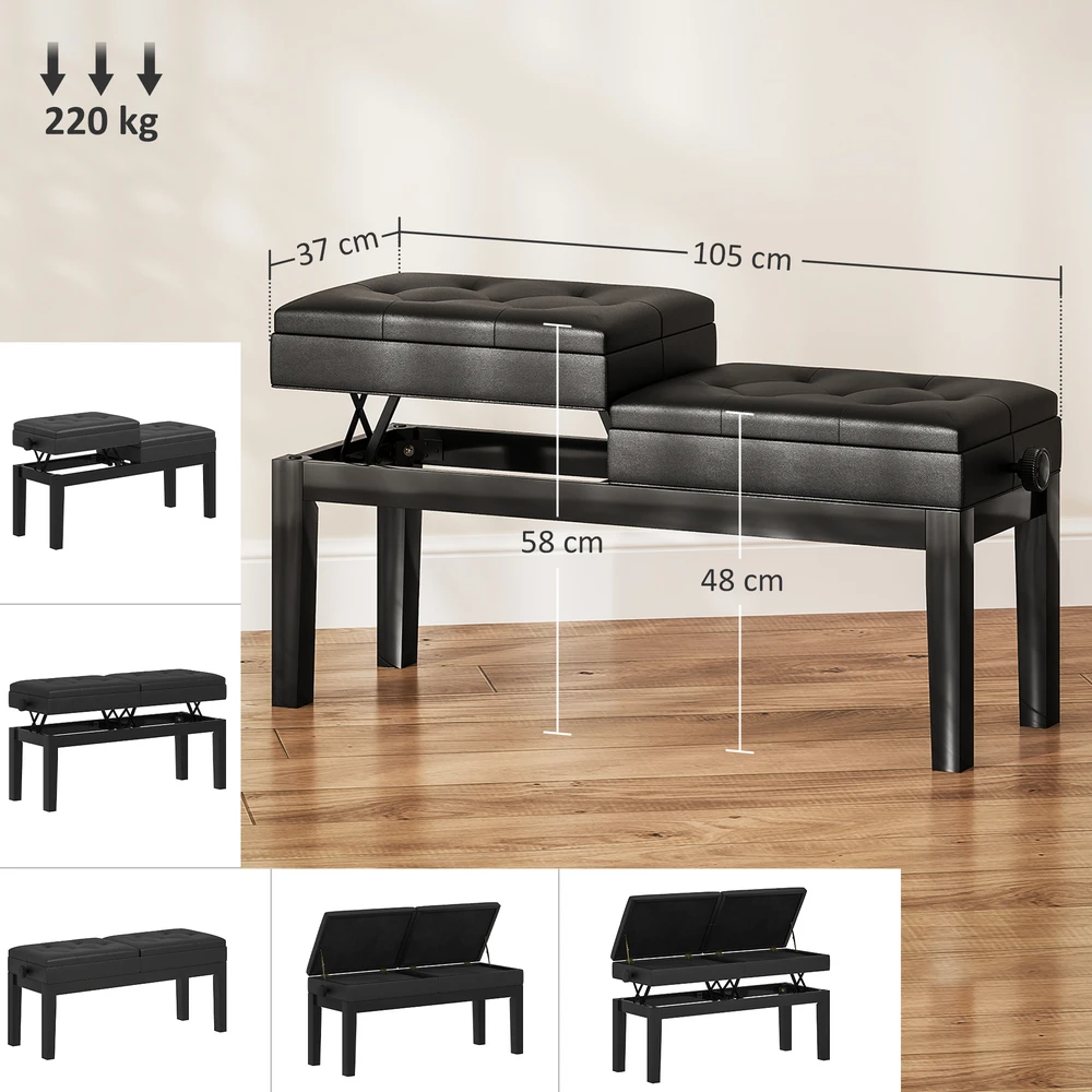 Aosom Pianino suolelis, dirbtinė oda, juodas, reguliuojamas 48-58 cm, dviguba sėdynė, daiktadėžė