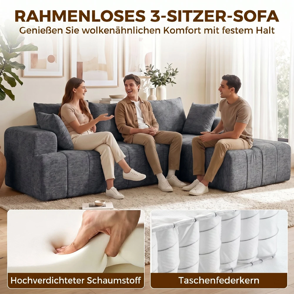 Koduva Pilka 3 vietų L formos šenilinė kampinė sofa su šezlongu ir 2 pagalvėmis