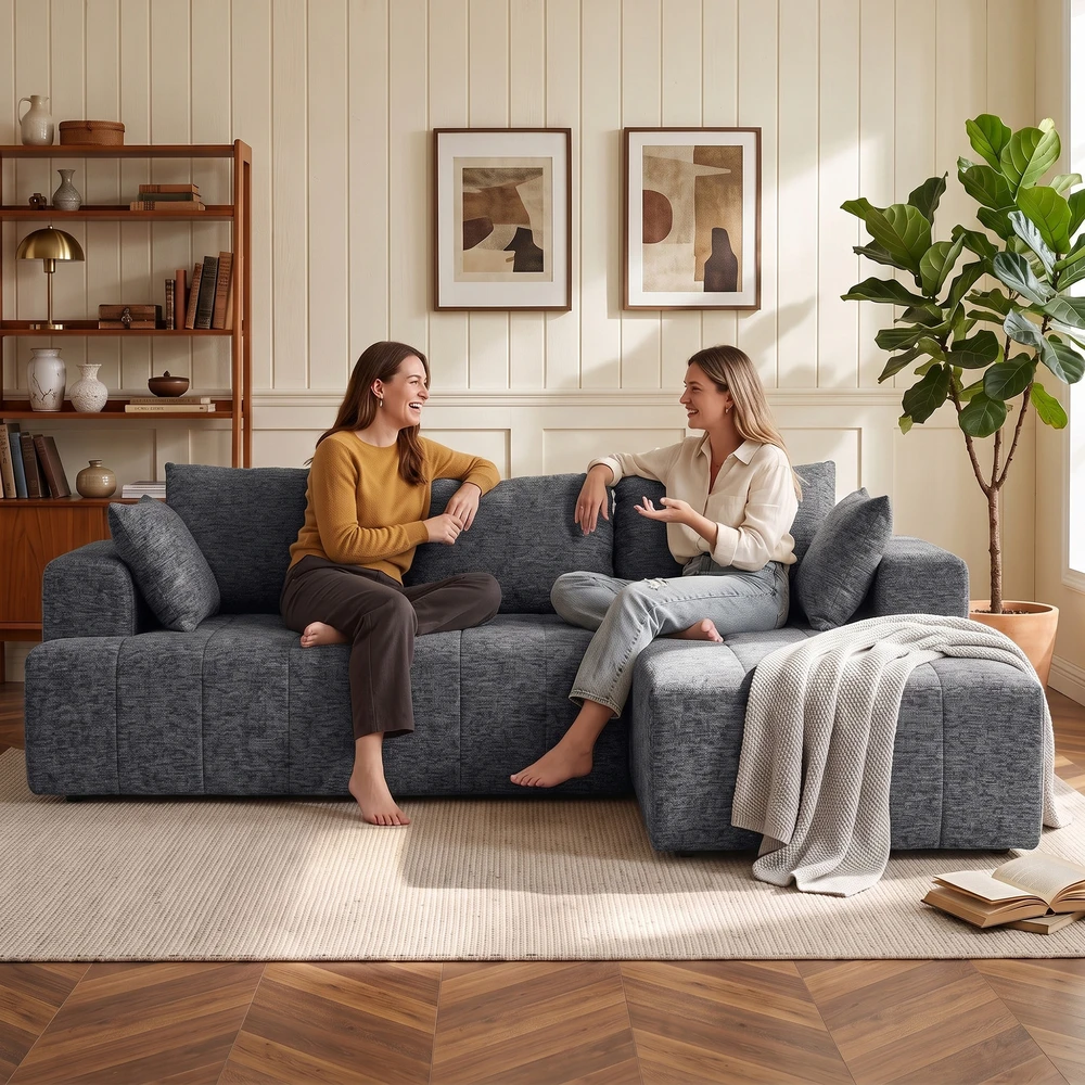Koduva Pilka 3 vietų L formos šenilinė kampinė sofa su šezlongu ir 2 pagalvėmis