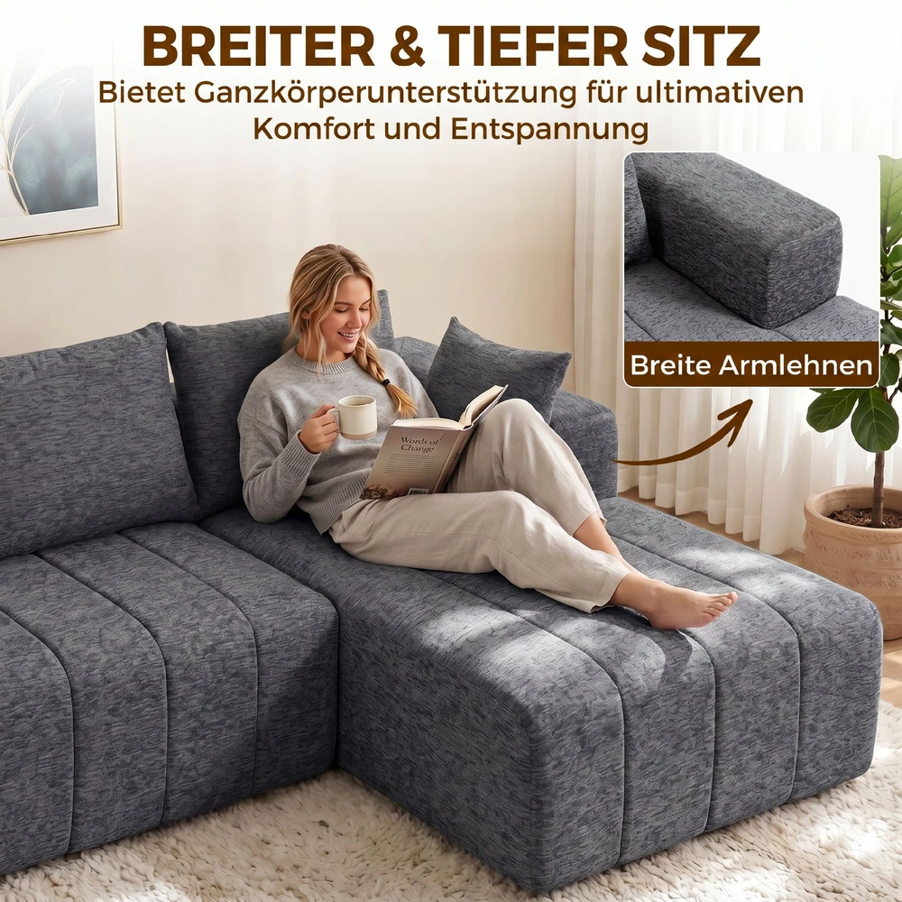 Koduva Pilka 3 vietų L formos šenilinė kampinė sofa su šezlongu ir 2 pagalvėmis