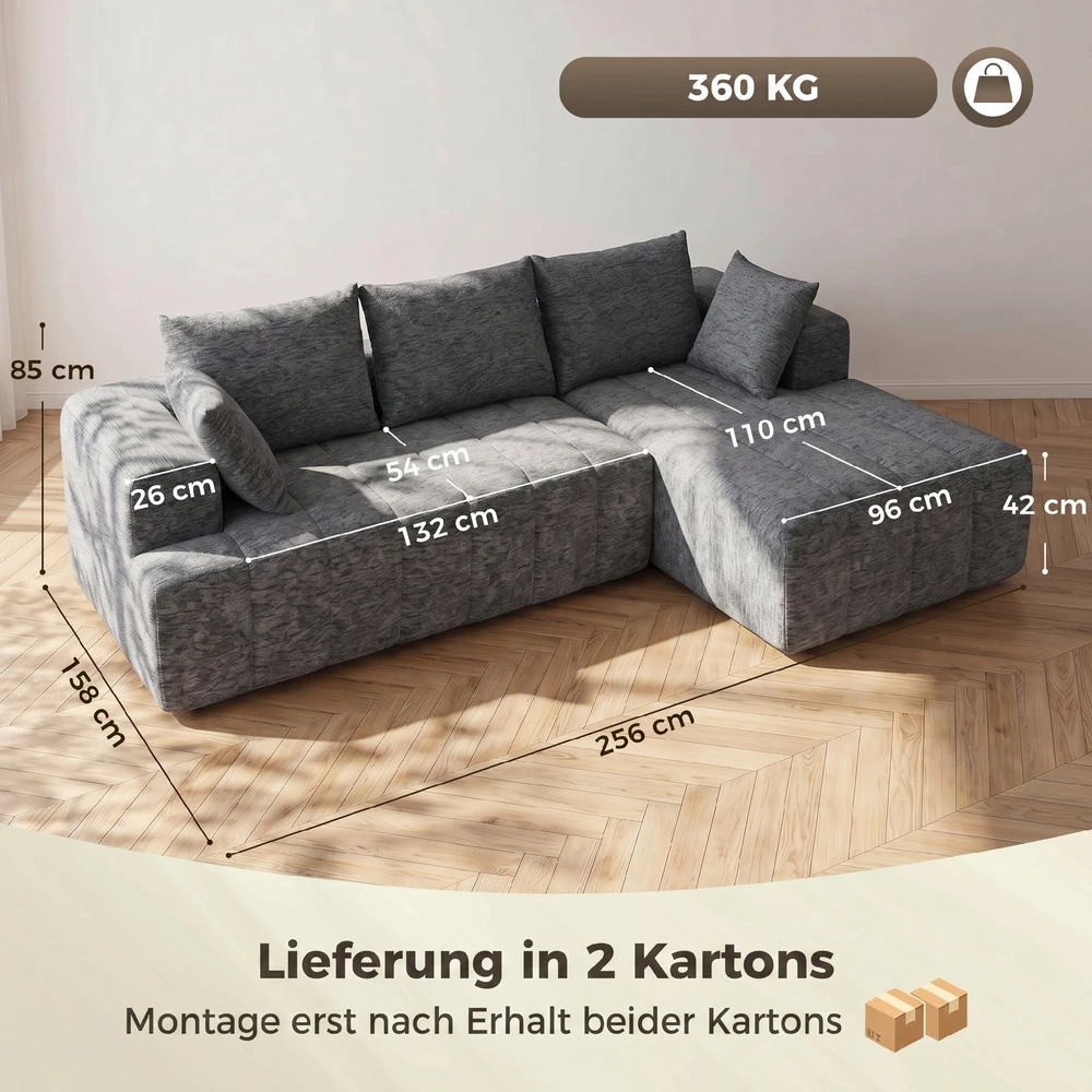 Koduva Pilka 3 vietų L formos šenilinė kampinė sofa su šezlongu ir 2 pagalvėmis