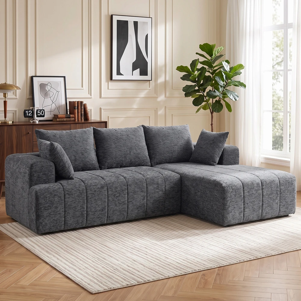 Koduva Pilka 3 vietų L formos šenilinė kampinė sofa su šezlongu ir 2 pagalvėmis