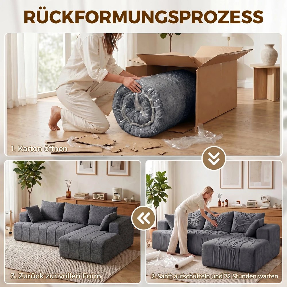 Koduva Pilka 3 vietų L formos šenilinė kampinė sofa su šezlongu ir 2 pagalvėmis