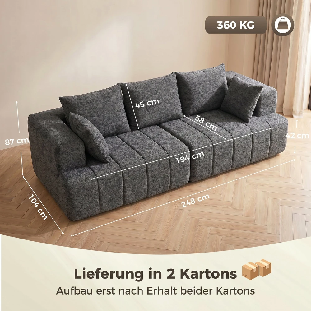 Aosom Pilka 3 vietų šenilinė „cloud“ sofa su plačia sėdyne ir 2 pagalvėmis
