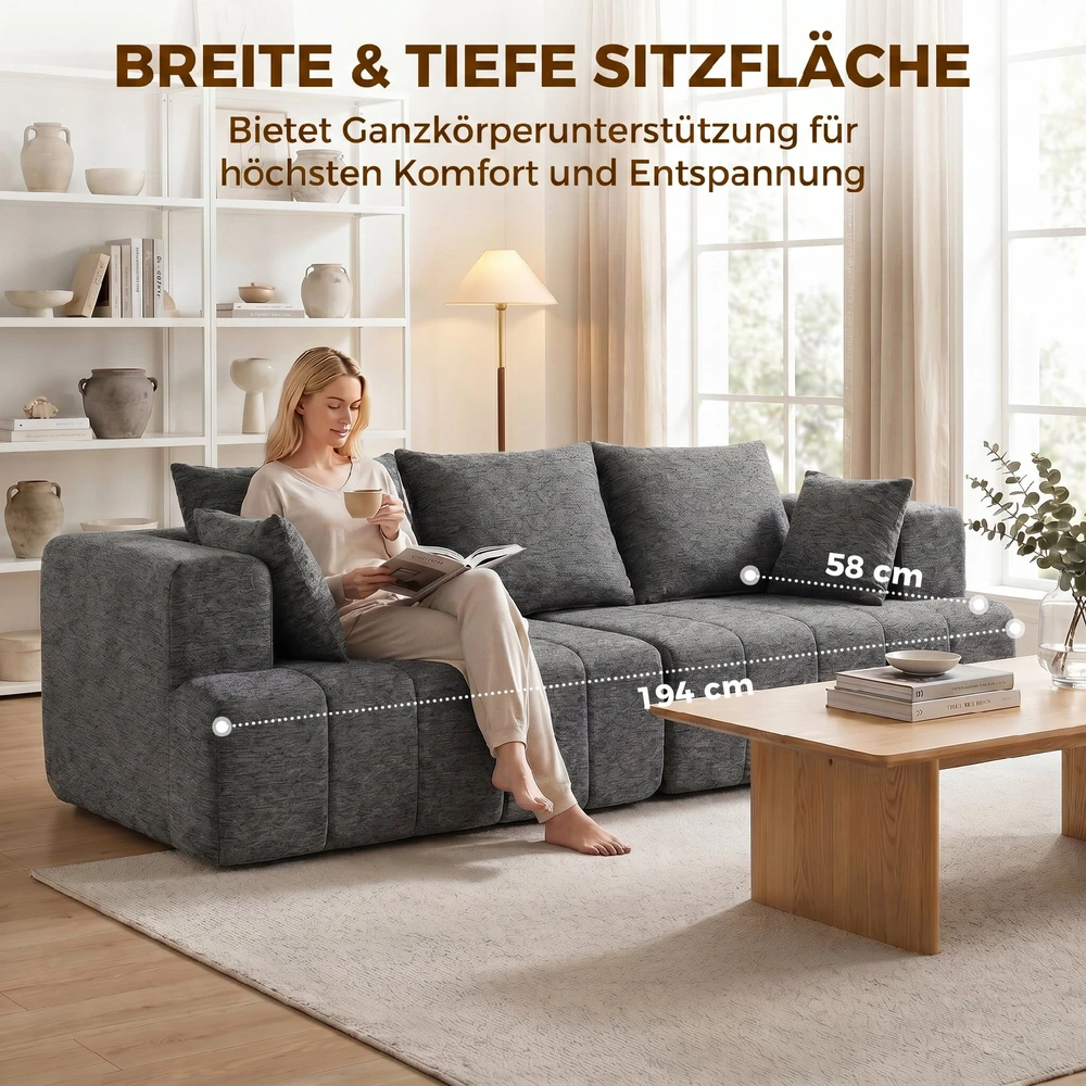 Aosom Pilka 3 vietų šenilinė „cloud“ sofa su plačia sėdyne ir 2 pagalvėmis