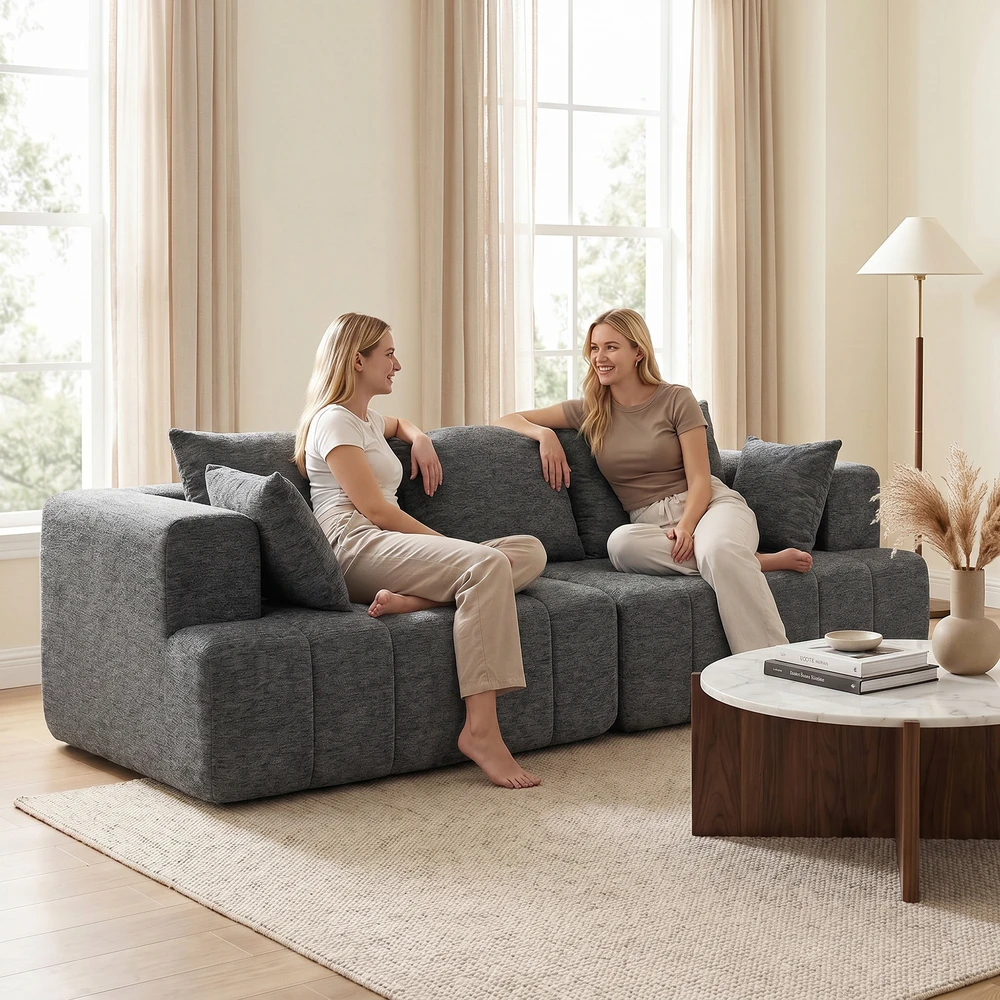 Aosom Pilka 3 vietų šenilinė „cloud“ sofa su plačia sėdyne ir 2 pagalvėmis