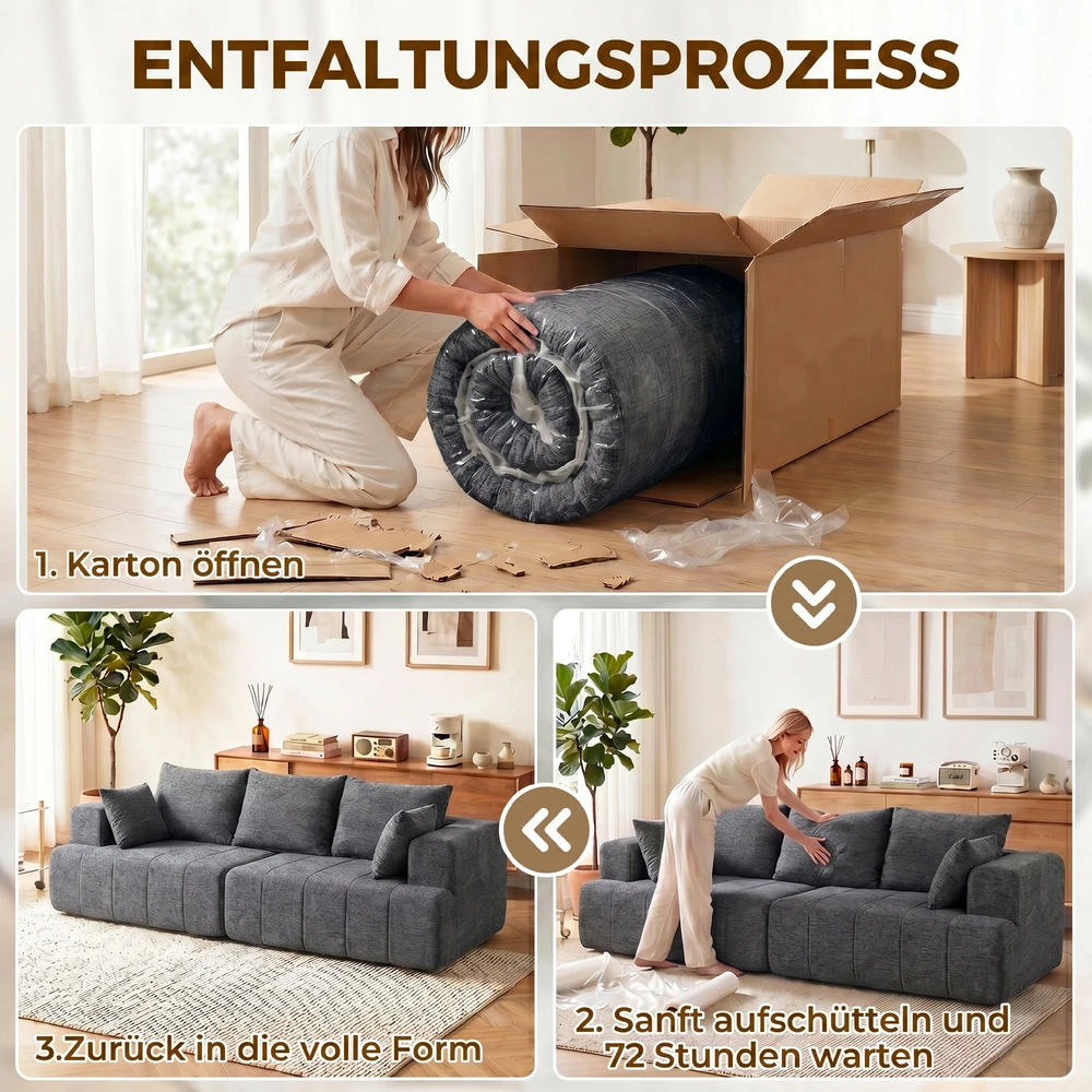Aosom Pilka 3 vietų šenilinė „cloud“ sofa su plačia sėdyne ir 2 pagalvėmis