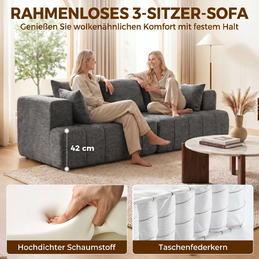 Aosom Pilka 3 vietų šenilinė „cloud“ sofa su plačia sėdyne ir 2 pagalvėmis
