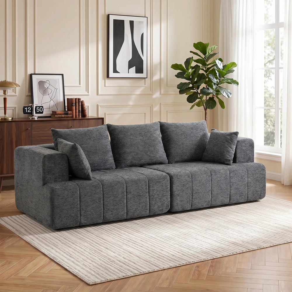 Aosom Pilka 3 vietų šenilinė „cloud“ sofa su plačia sėdyne ir 2 pagalvėmis