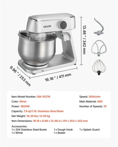 VEVOR Plakiklis SM-1527N, 7,4 l, 1800 W, sidabrinė