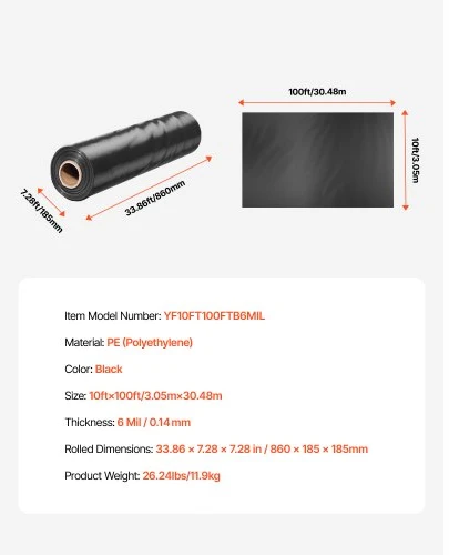 VEVOR Plastikinė plėvelė, juoda, 3,05 x 30,48 m, 0,15 mm