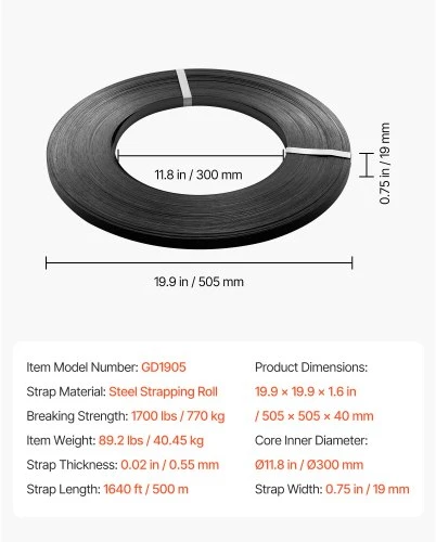 VEVOR Plieninės juostos ritinys GD1905, 19 mm x 0,55 mm x 500 m, 770 kg
