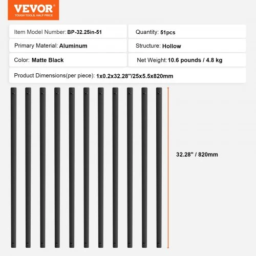 VEVOR Plokšti aliuminio turėklų statramsčiai, 51 vnt., juodi, 82 x 3 x 1 cm