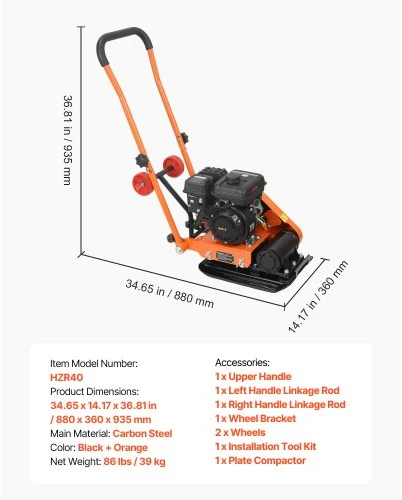 Koduva Plokštinė vibroplokštė VEVOR HZR40, 1,49 kW, 79 cc, juoda / oranžinė, 88 x 36 x 94 cm