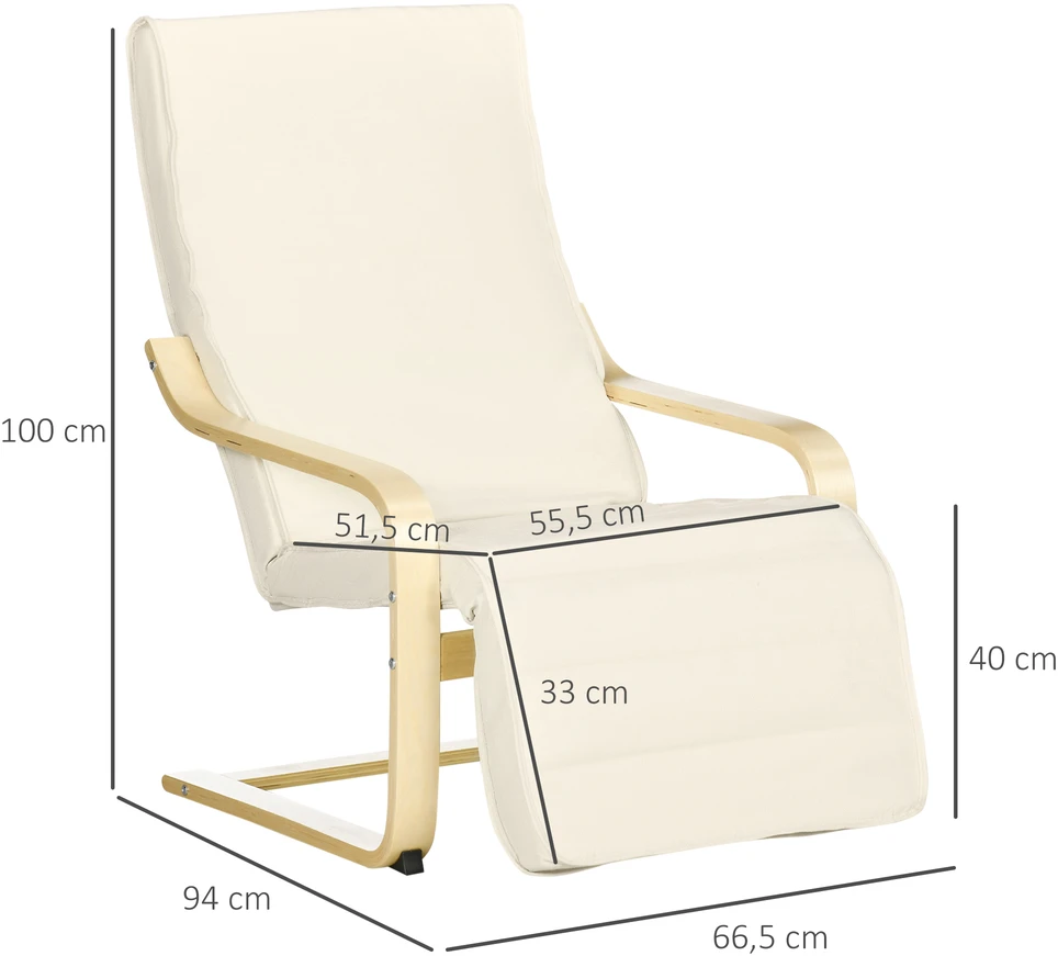 Aosom Poilsio krėslas su pagalvėle, 5 padėčių kojų atrama, beržo mediena, kreminė balta, 66,5 x 94 x 100 cm