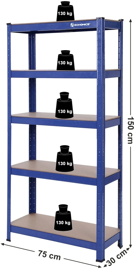 Songmics Pramoninė lentyna, mėlyna, plieninė, 150 x 75 x 30 cm, 5 lentynos, iki 650 kg