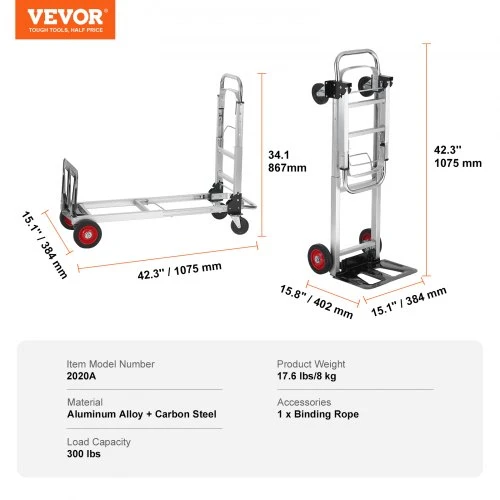 Koduva Pramoninis rankinis vežimėlis VEVOR 2020A, 2 in 1, aliuminio lydinys ir anglinis plienas, iki 181 kg