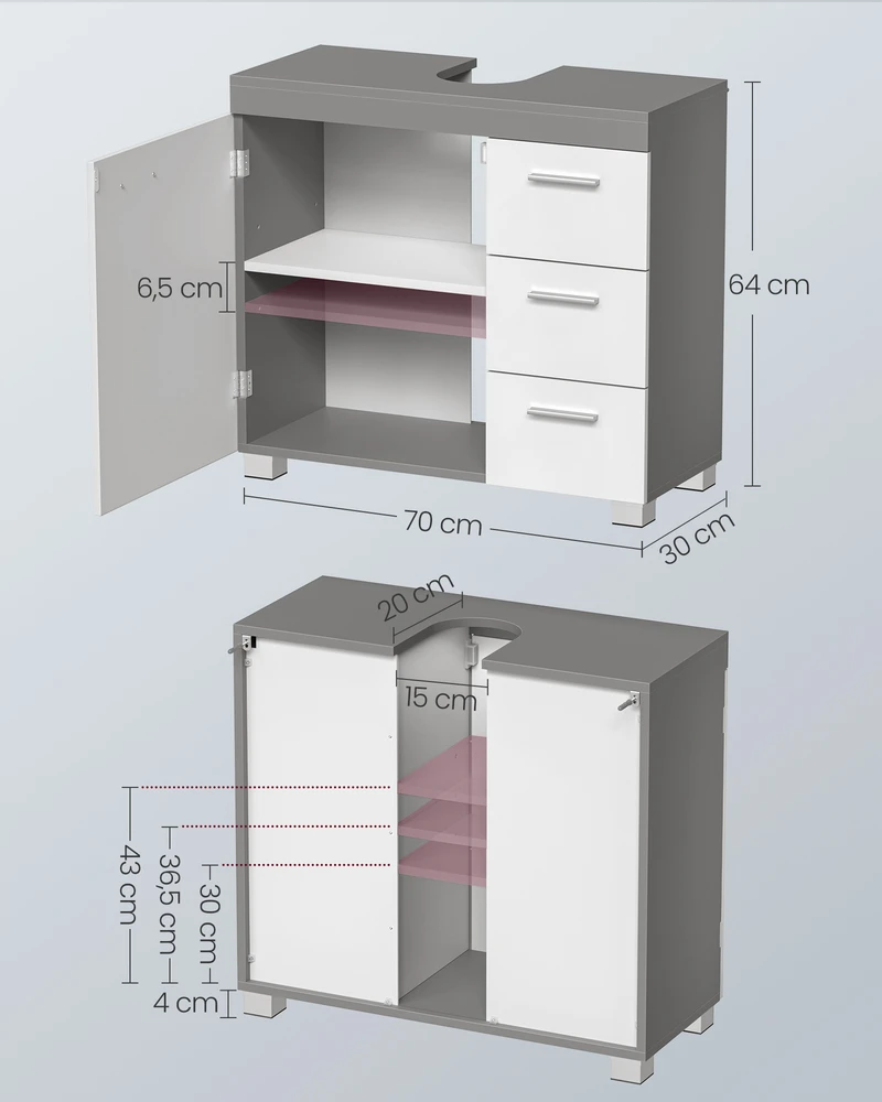 Koduva Praustuvo spintelė, MDF, balta-cemento pilka, 30 x 70 x 64 cm, su 3 stalčiais ir 2 skyriais