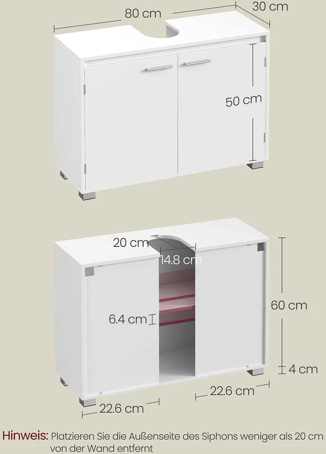 Songmics Praustuvo spintelė po kriaukle su durelėmis, 2 skyriais, 30 x 80 x 60 cm, balta