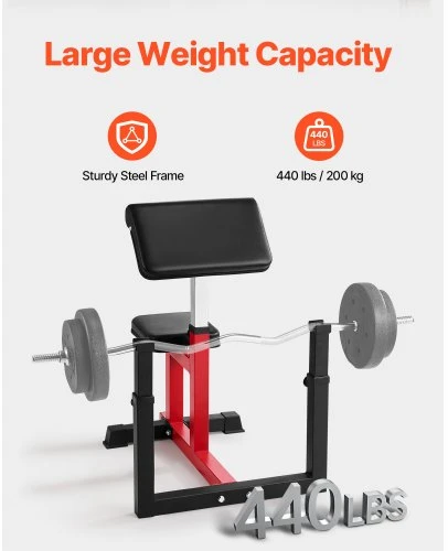 VEVOR Preacher curl suoliukas su kojų treniruokliu, qb035, juodas ir raudonas, 73 x 55 x 18 cm