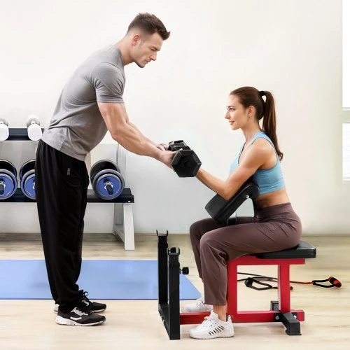 VEVOR Preacher curl suoliukas su kojų treniruokliu, qb035, juodas ir raudonas, 73 x 55 x 18 cm