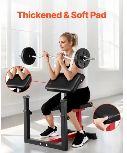 VEVOR Preacher curl suoliukas su kojų treniruokliu, qb035, juodas ir raudonas, 73 x 55 x 18 cm