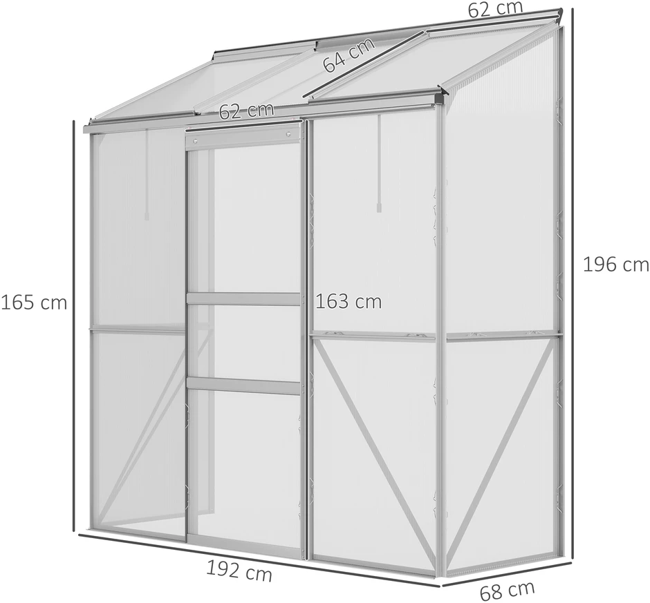 Aosom Prie sienos statomas šiltnamis su stumdomomis durimis ir stogo langais, aliuminis ir polikarbonatas, sidabrinis, 192 x 68 x 196 cm