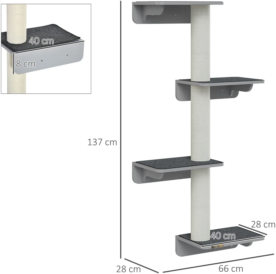 Aosom Prie sienos tvirtinamas kačių draskyklės bokštas, 137 cm, šviesiai pilkas ir smėlio spalvos
