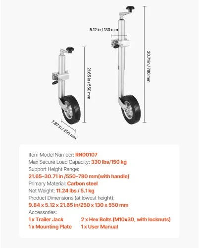VEVOR Priekabos atraminis domkratas su ratuku RN00107, anglinis plienas, apkrova iki 150 kg, 25 x 13 x 55 cm