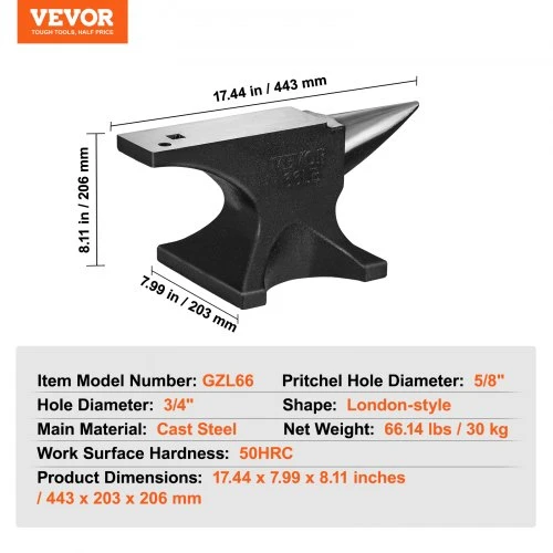Koduva Priekalas VEVOR GZL66, lietinis plienas, 30 kg, 44 x 20 x 21 cm