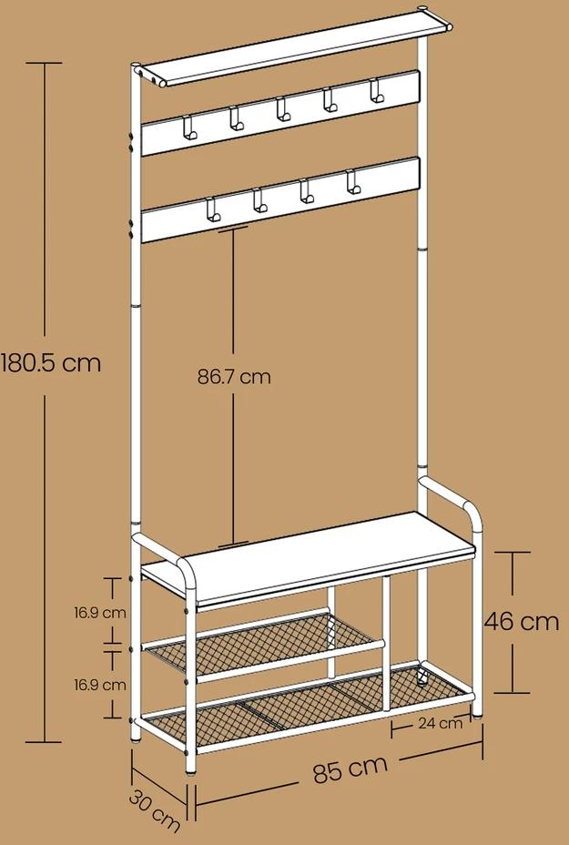 Koduva Prieškambario kabykla su batų lentyna, 9 kabliukai, 85 x 30 x 180,5 cm, ruda-juoda