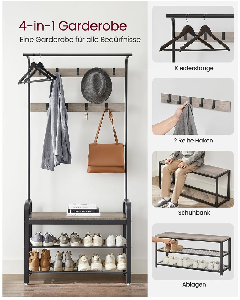 Koduva Prieškambario kabykla su batų lentynomis ir sėdyne, 9 kabliukai, 33,7 x 84 x 183 cm, pilkai ruda-juoda