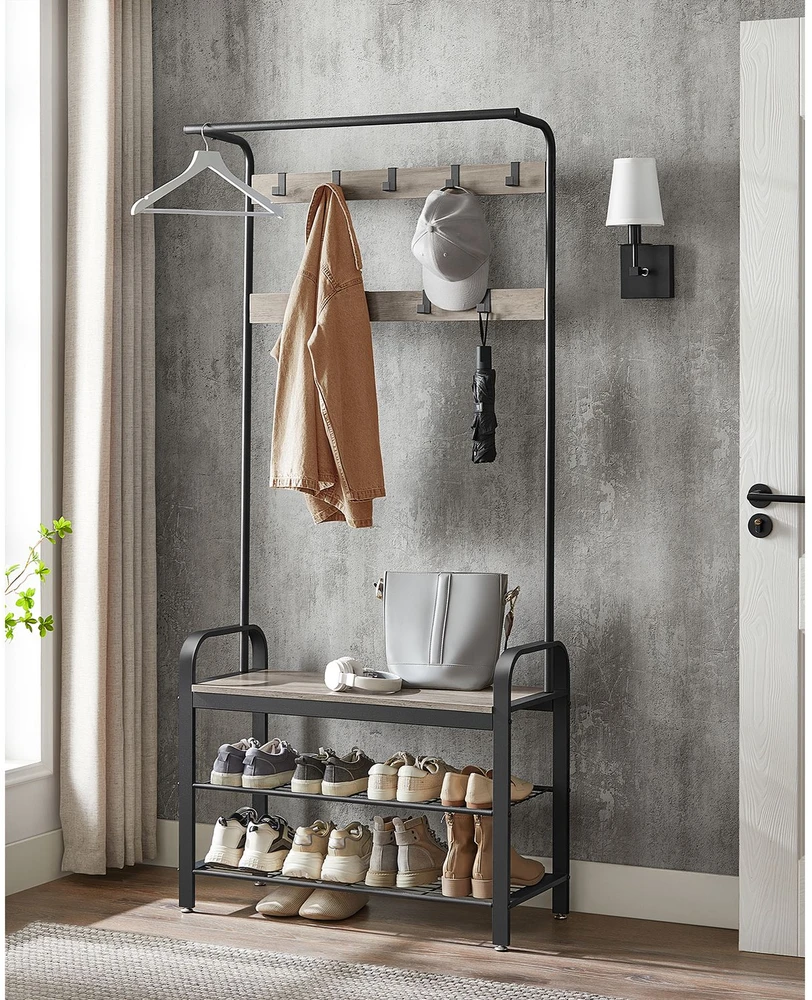 Koduva Prieškambario kabykla su batų lentynomis ir sėdyne, 9 kabliukai, 33,7 x 84 x 183 cm, pilkai ruda-juoda