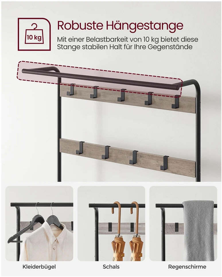 Koduva Prieškambario kabykla su batų lentynomis ir sėdyne, 9 kabliukai, 33,7 x 84 x 183 cm, pilkai ruda-juoda