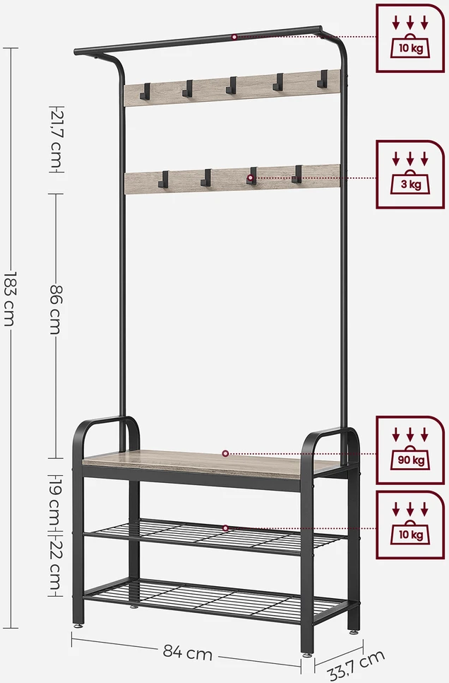 Koduva Prieškambario kabykla su batų lentynomis ir sėdyne, 9 kabliukai, 33,7 x 84 x 183 cm, pilkai ruda-juoda