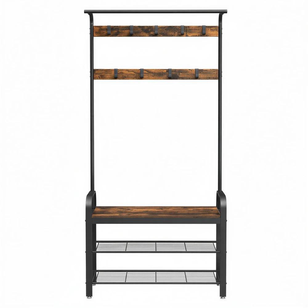 Koduva Prieškambario kabykla su batų suoliuku, 84 x 33,7 x 183 cm, 9 kabliukai, ruda-juoda