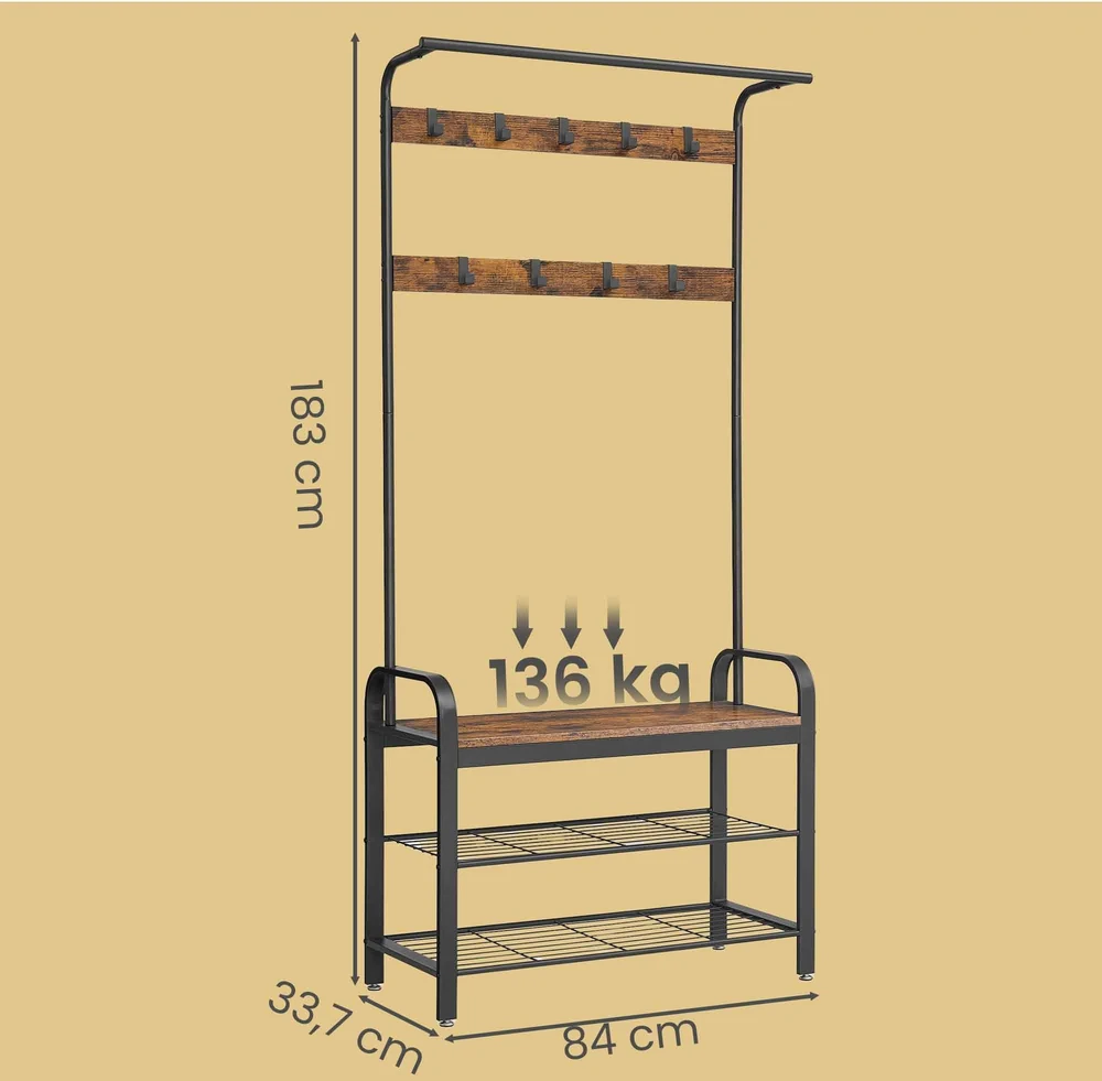 Koduva Prieškambario kabykla su batų suoliuku, 84 x 33,7 x 183 cm, 9 kabliukai, ruda-juoda