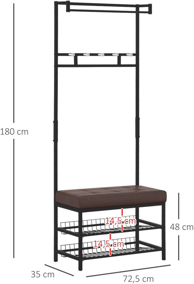 Aosom Prieškambario kabykla su batų suoliuku, metalas, juoda ir ruda, 72,5 x 35 x 180 cm